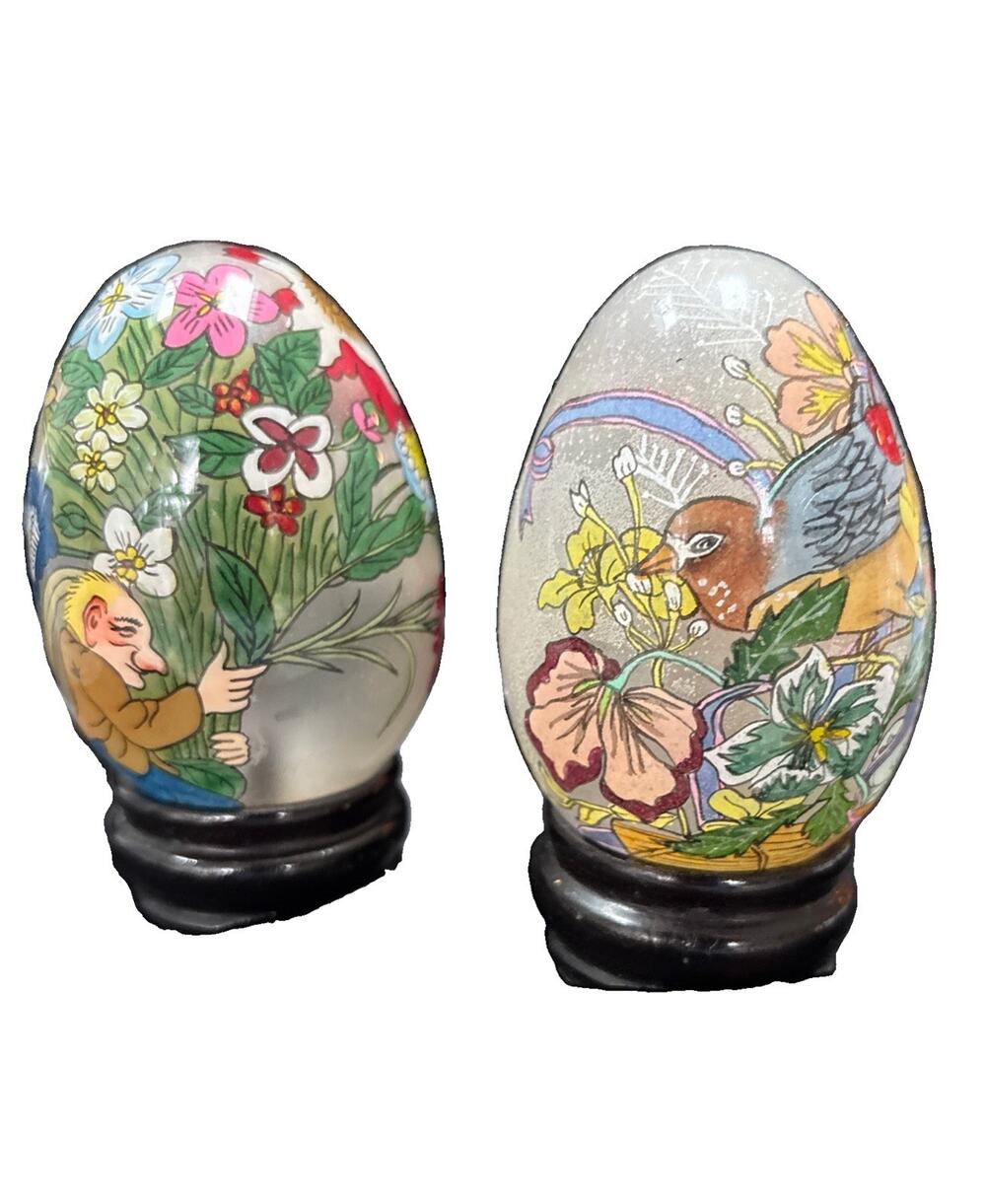 2 Vintage Reverse Hand Painted Glass Egg Birds Flowers With Stand Signed 3.5”